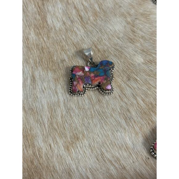 Native American SW Sterling Silver Pink Dahlia Turquoise Cow Bull Steer Pendant - Picture 7 of 8